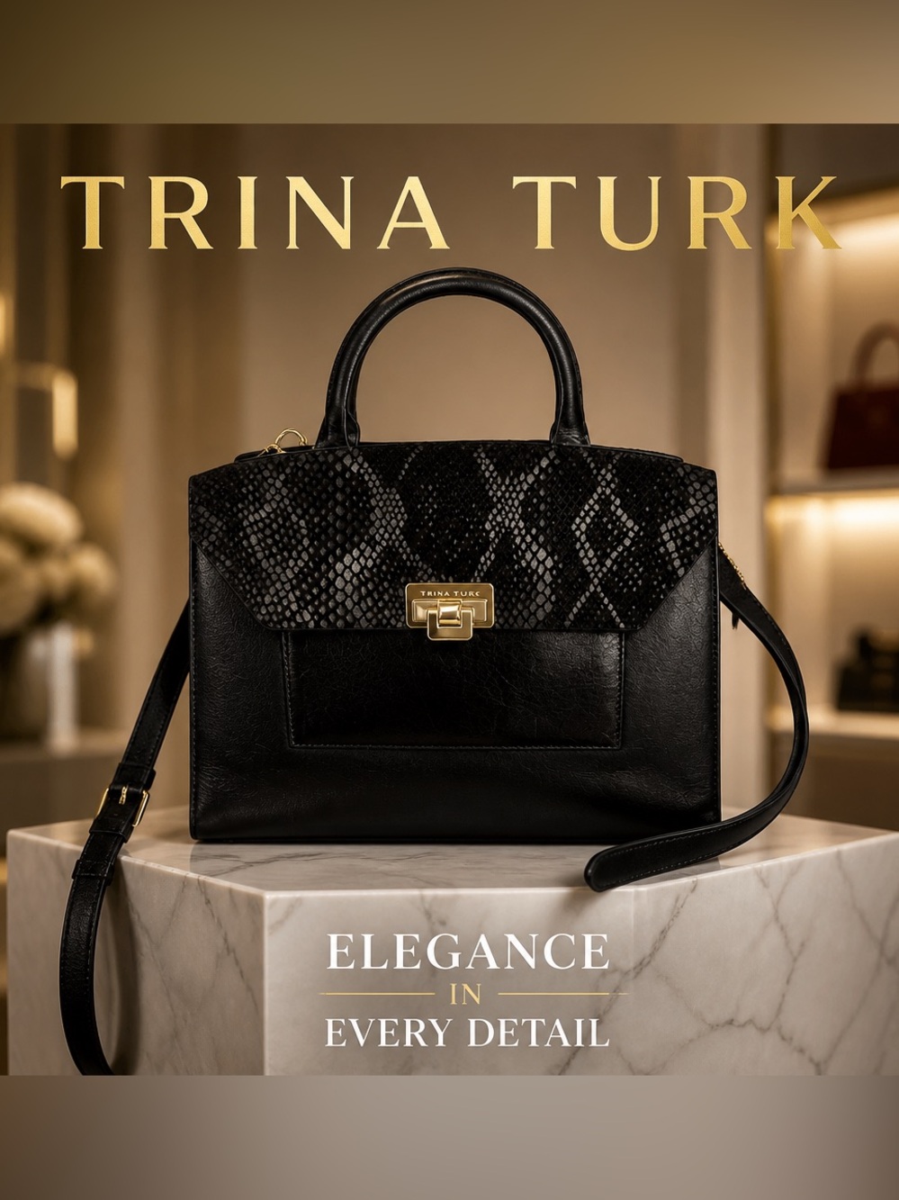 Trina Turk Black leather Satchel w/ Snake print textured front Flap shoulder bag